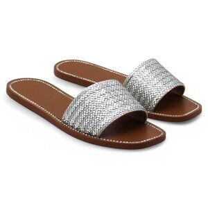 Inc Womens Silver Mixed Media Embellished Pelle Square Toe Slip on Slide Sandals